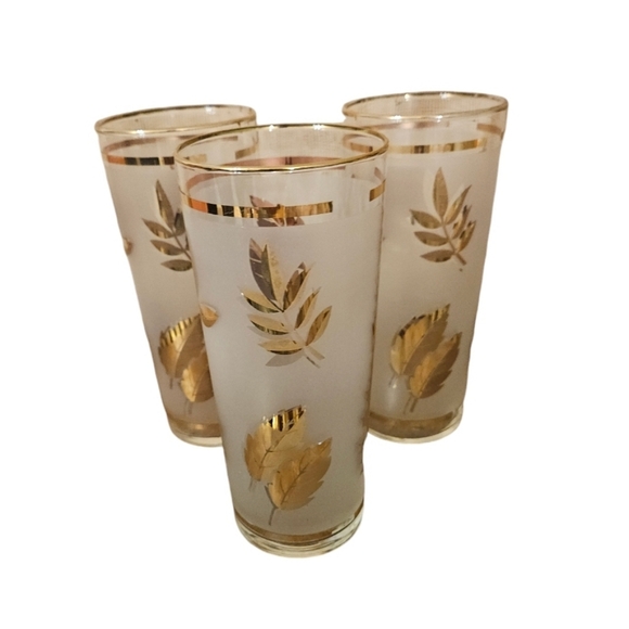 Libbey Golden Foliage Frosted Barware Flat Tumbler Drinking Glasses set of 3 - Picture 3 of 16